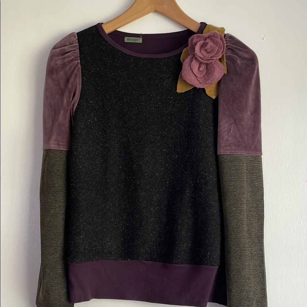 Purple and Black Long Sleeve Top with Floral Accent